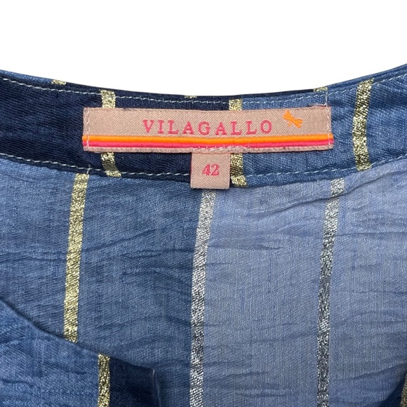 Vilagallo Blue Metallic Linen Blend Top Made In Portugal Blouse Size 42, US M/8 - Picture 6 of 9